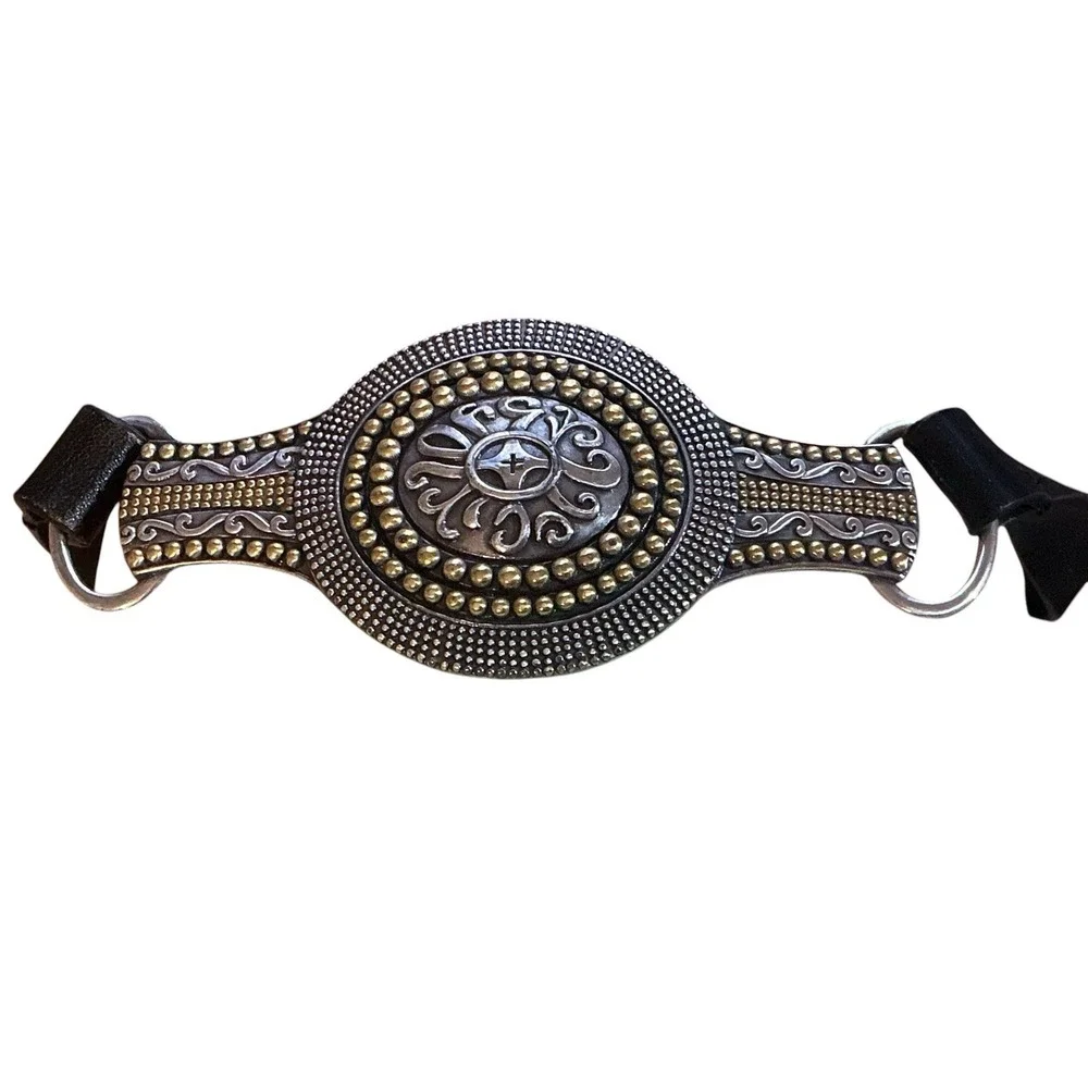 Chico's Blk Leather Adjustable Belt Lg Statement Silver & Gold Tone Hook Buckle